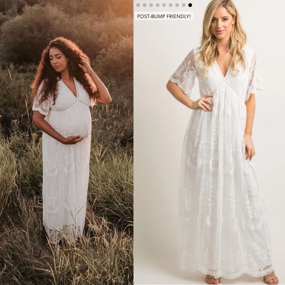 Pinkblush Maternity White Lace Overlay V Neck Maxi Dress - Picture 4 of 14